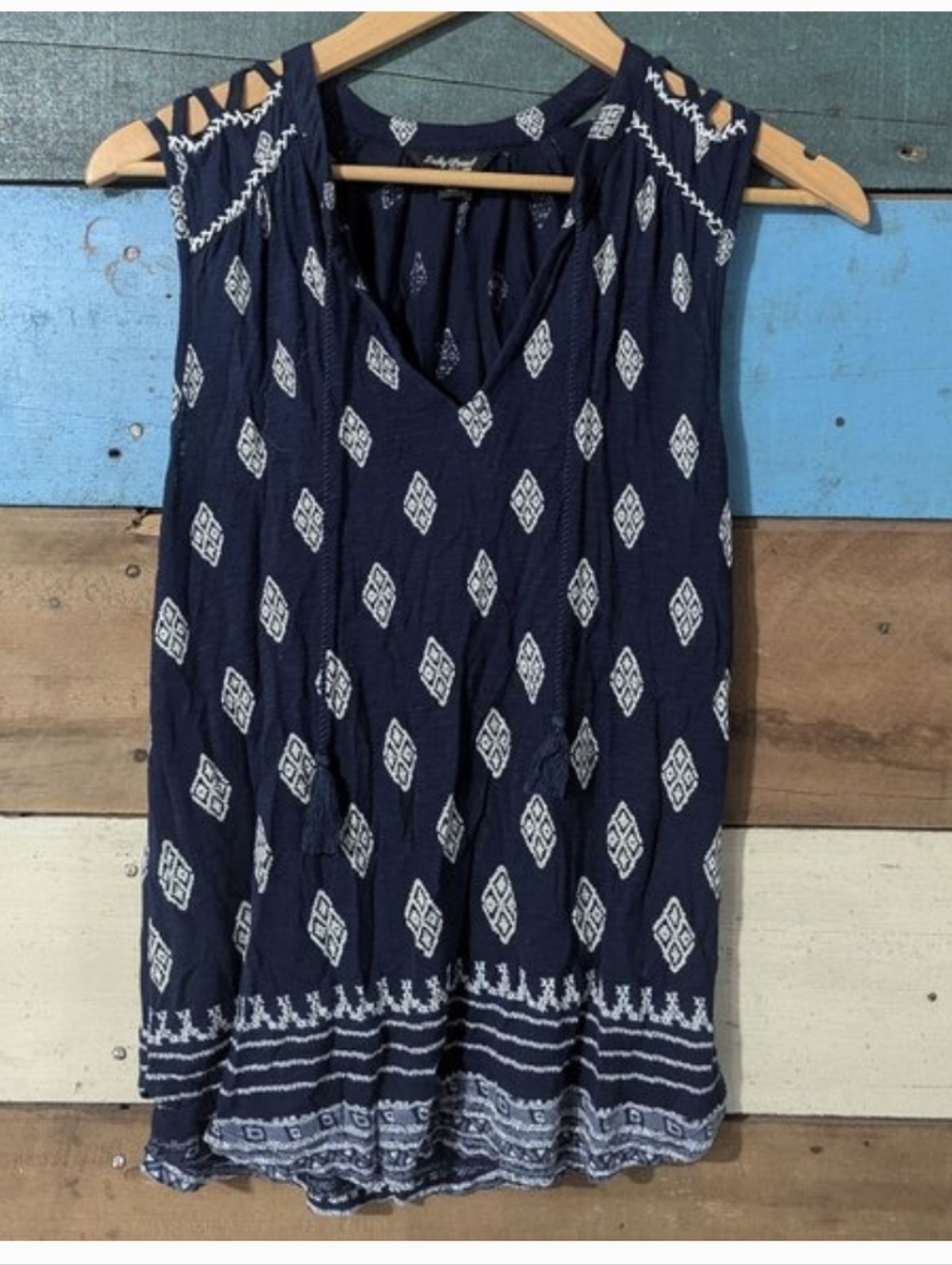 Lucky Brand Ladies Bandana Top Sleeveless Cut Shoulder Small Blue White E